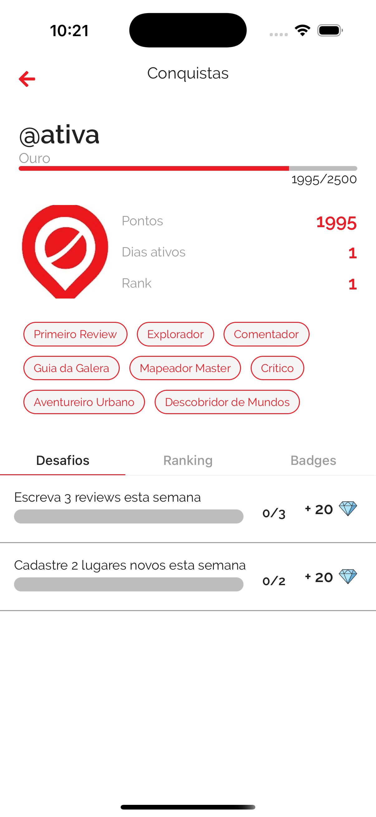 Sistema de gamificação e recompensas do Ativa